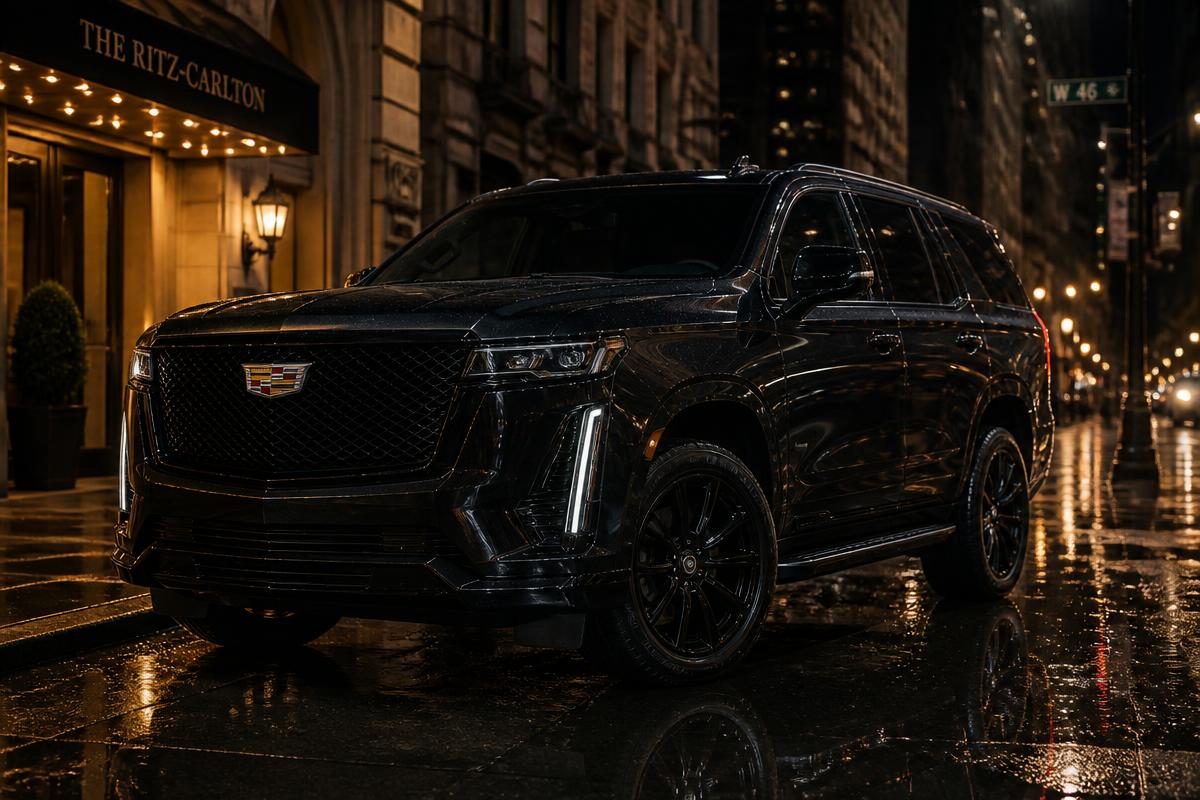 Black Cadillac Escalade full-size luxury SUV at night