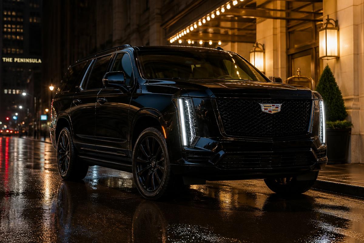 Black Cadillac Escalade full-size luxury SUV at night