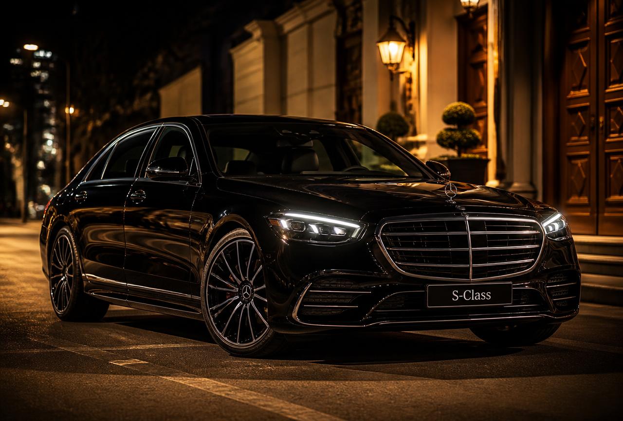 Black Mercedes-Benz S580 luxury sedan at night