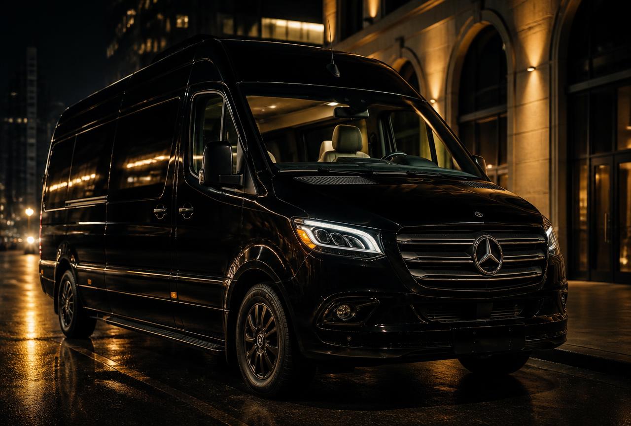 Black Mercedes-Benz Sprinter executive passenger van at night