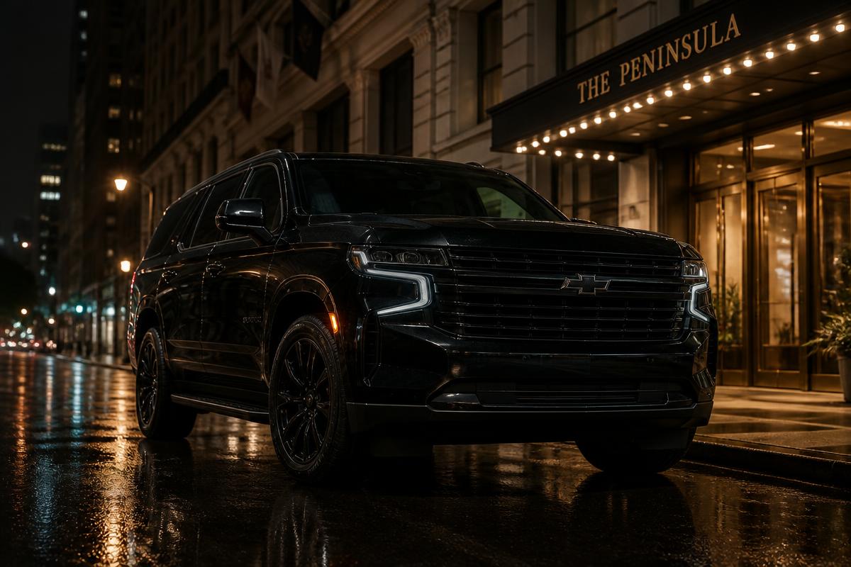 Black Chevrolet Suburban full-size SUV at night