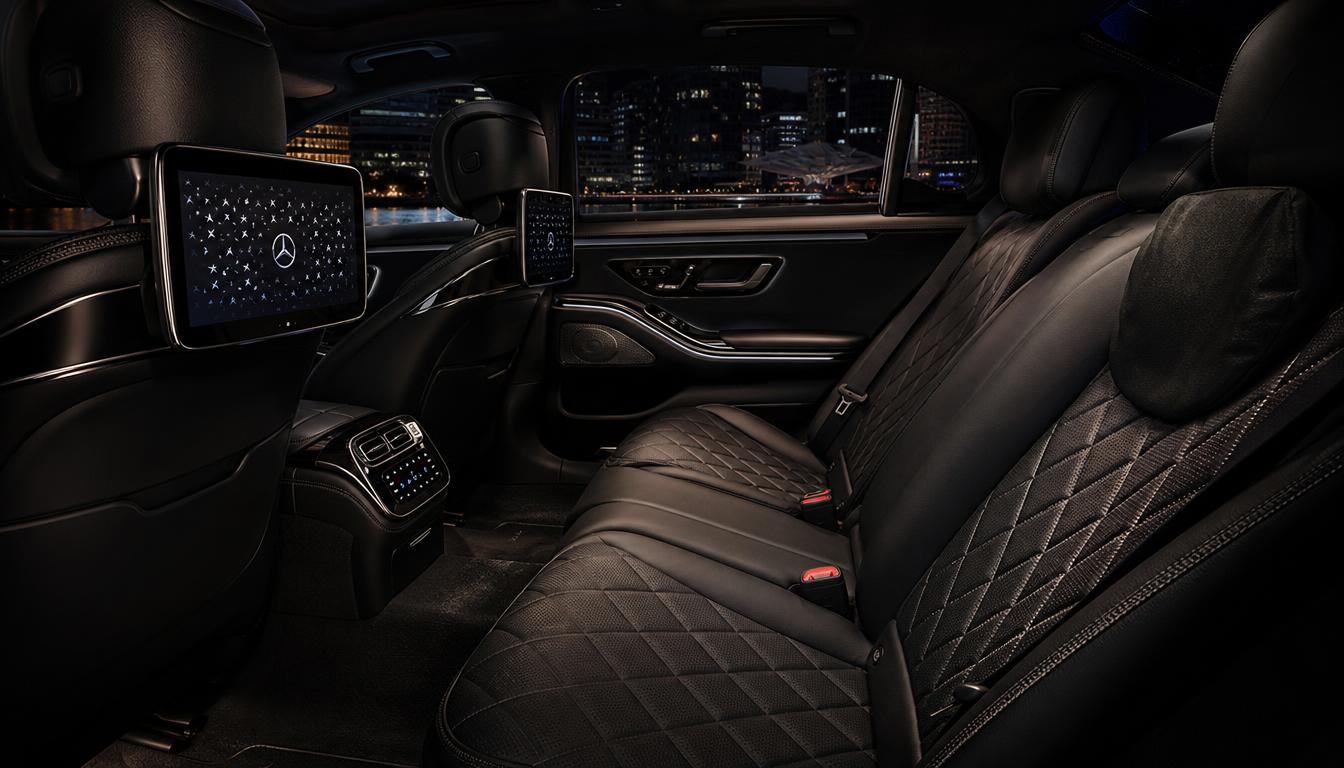 Quilted cream leather rear cabin of a modern Mercedes S-Class sedan